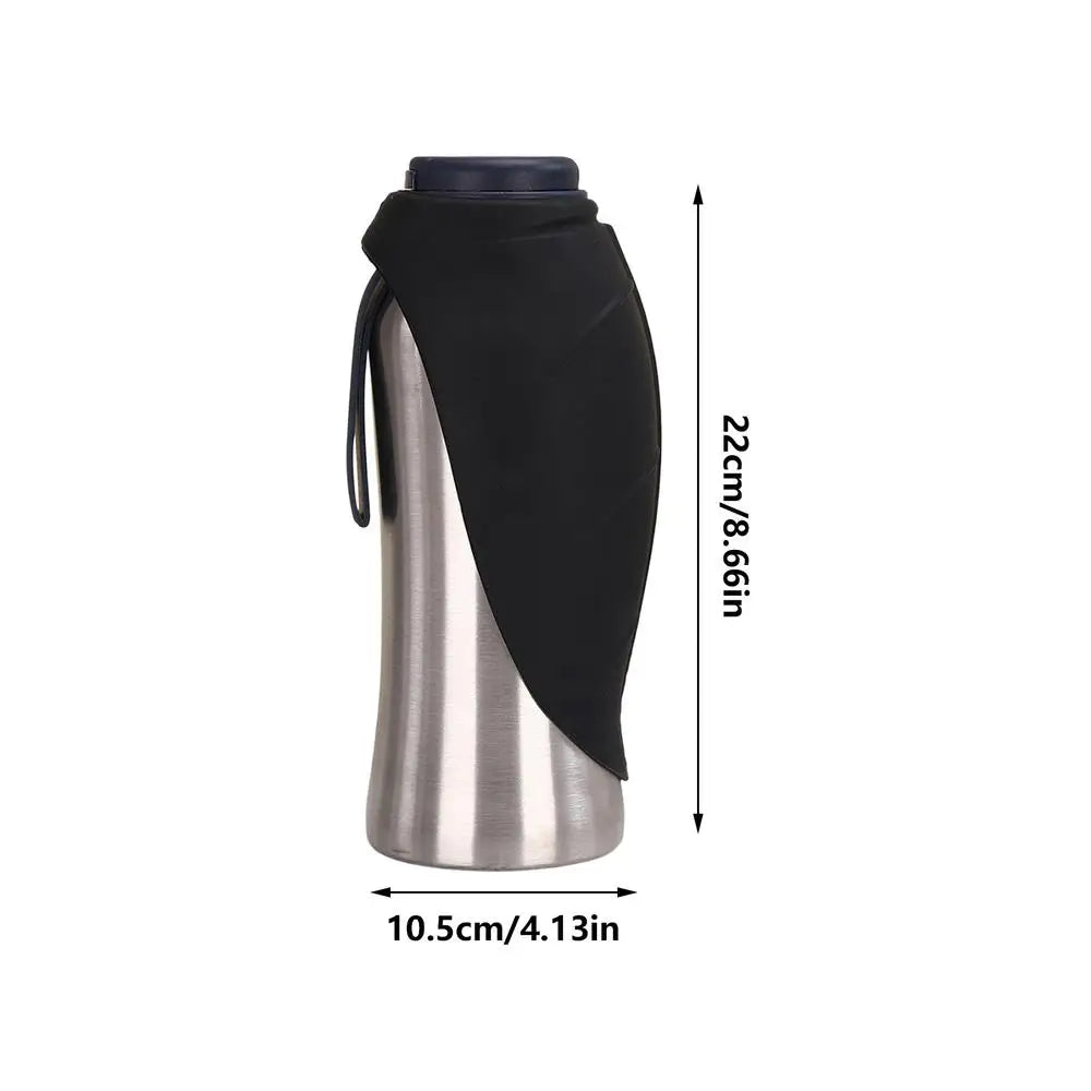 A stainless steel portable dog water bottle with a black fabric cover and built-in bowl.