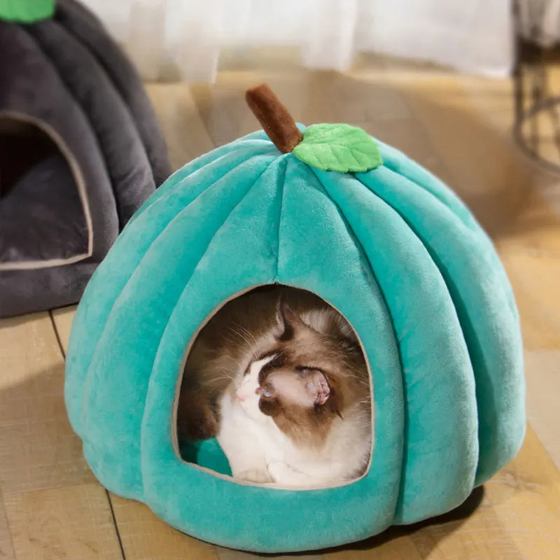 3D Pumpkin Pet House - Semi-Enclosed Bed with Removable Cushion