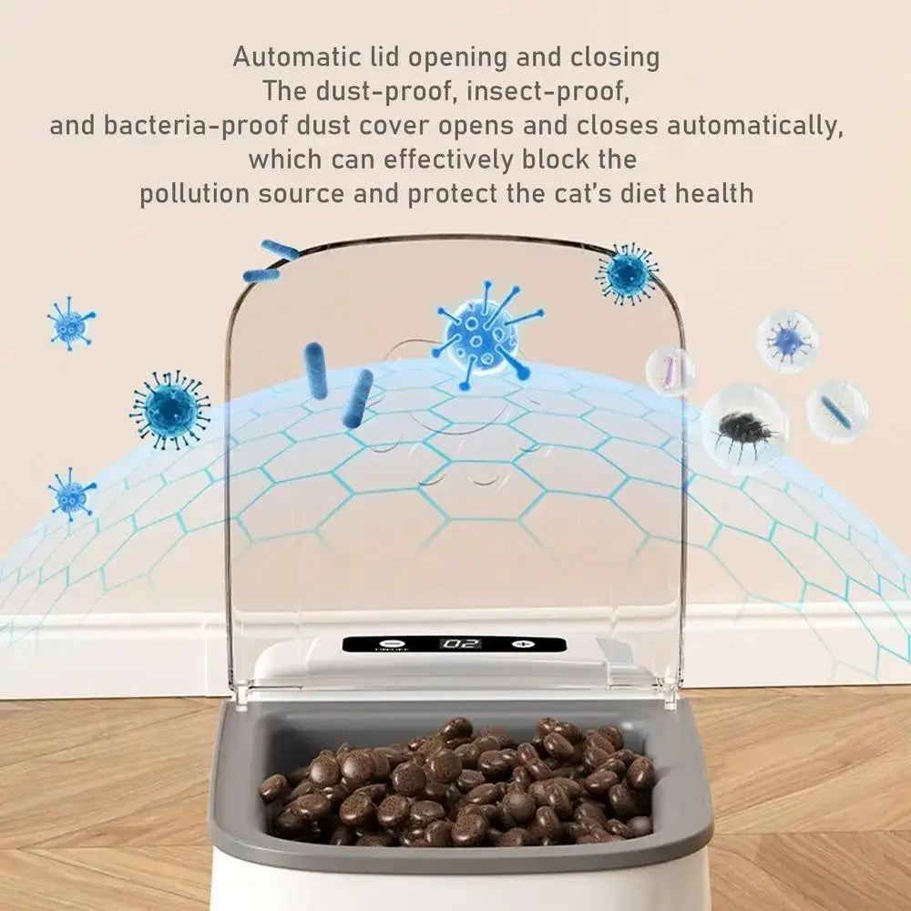 Automatic lid opening and closing dust-proof pet food dispenser for cat's diet health