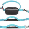 A set of blue and black retractable bungee leash and waist harness for dogs.