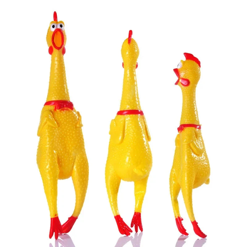 Yellow rubber screaming chicken toy dog chew and fetch item
