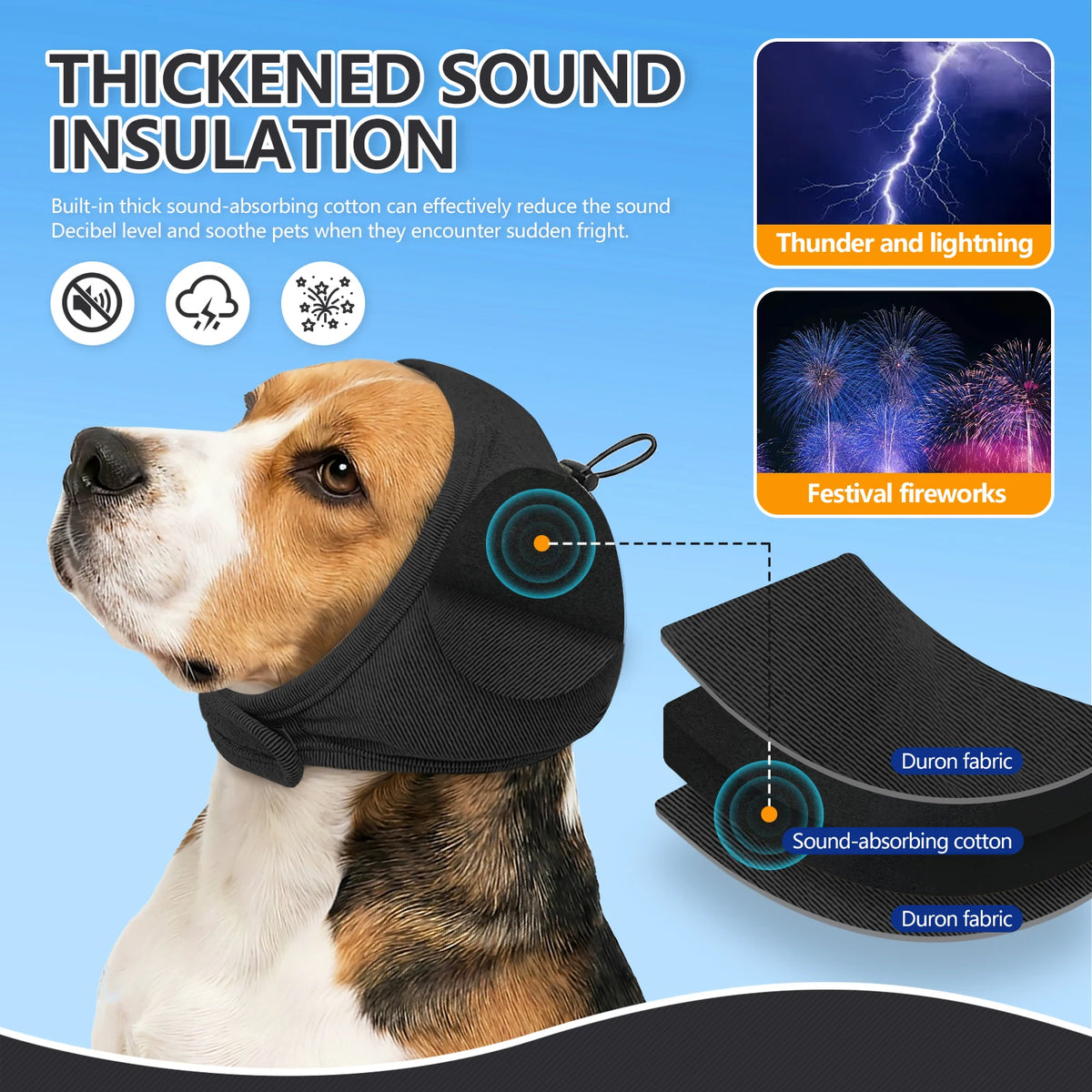 A dog wearing a black sound insulation ear wrap, demonstrating noise reduction for pets.