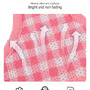 Pink plaid mesh fabric digital print textile with arrows indicating vibrancy, light breathability, and softness.