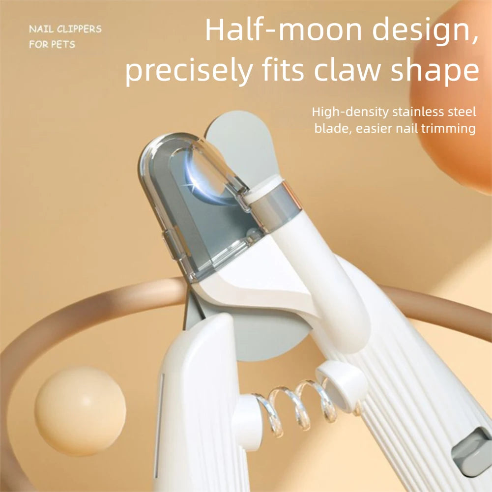Close-up of half-moon pet nail clippers with a stainless steel blade and LED light, showing the trimming mechanism.