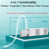 A white submersible filter pump is shown inside a clear container, demonstrating its functionality for filtration, oxygenatio
