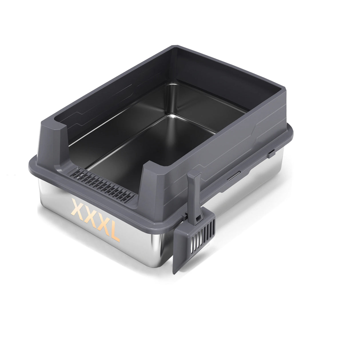 Litière extra-large en acier inoxydable avec plateau en plastique gris foncé et cadre argenté.