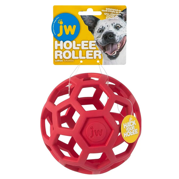 Red silicone fetch ball for dogs with a honeycomb pattern