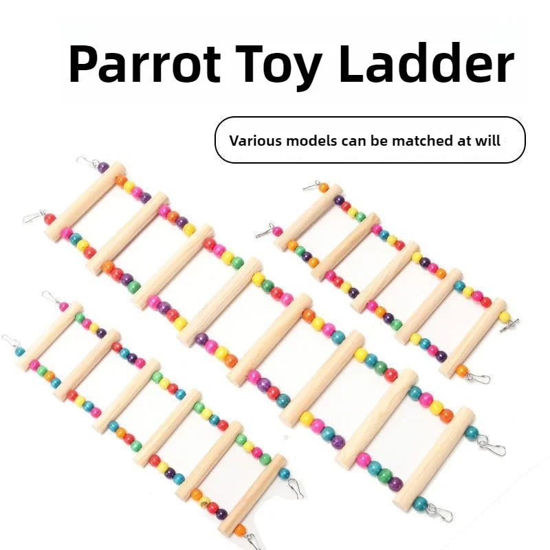 A set of natural wood parrot toy ladder and swing with colorful balls for climbing and play