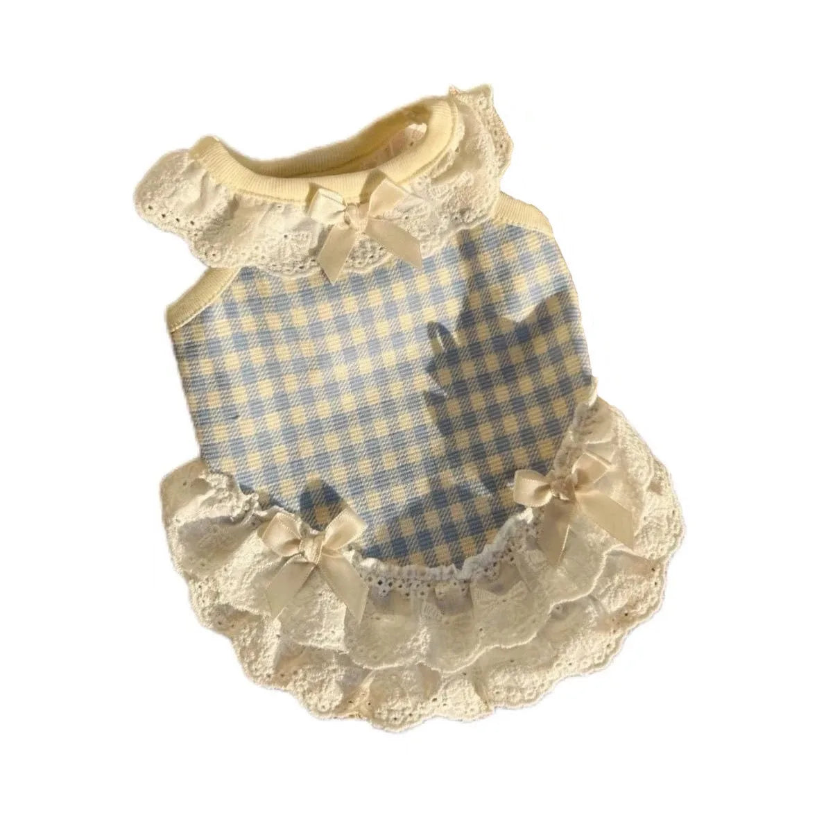 A light blue and white checkered summer pet dog dress for small breeds with ruffled trim.
