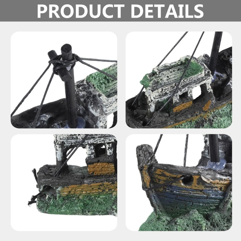 Aquarium Sunken Ship Decoration Resin Fishtank Ornament 12.5x6x10 cm