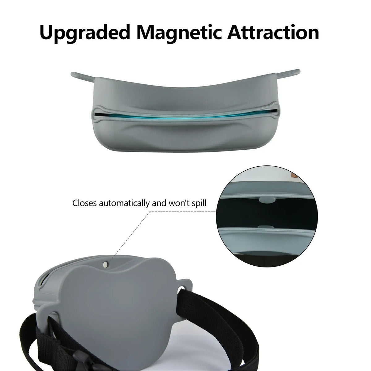 Gray silicone dog treat pouch with magnetic closure and a black waist belt