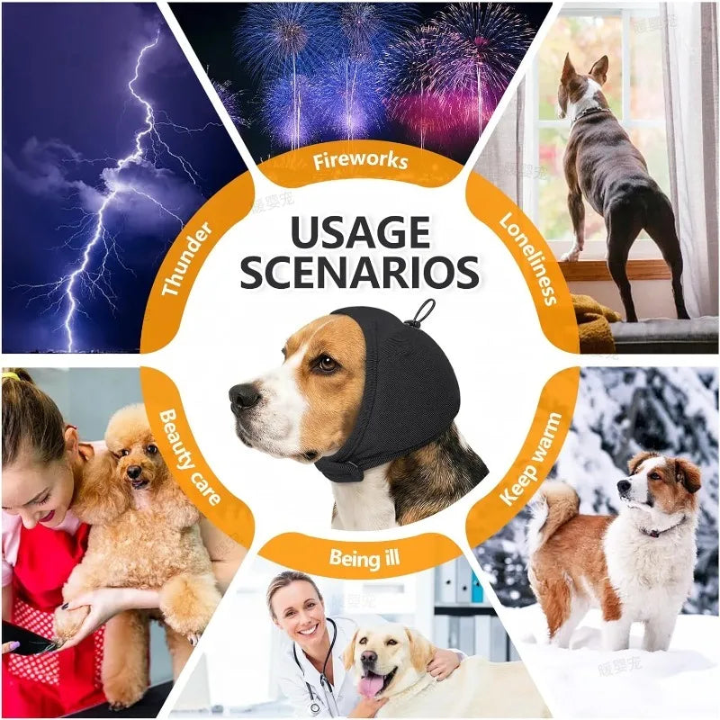 Infografía que muestra varios escenarios de uso para accesorios calmantes para perros, como tormentas, soledad y cuidado de l