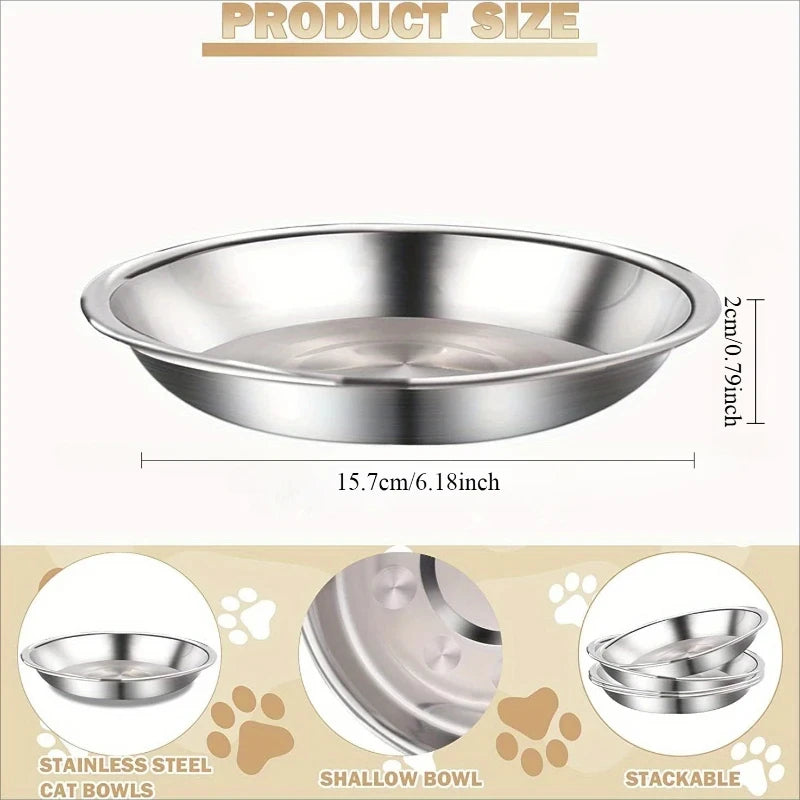 Stainless steel cat bowl set featuring a shallow bowl and stackable design.