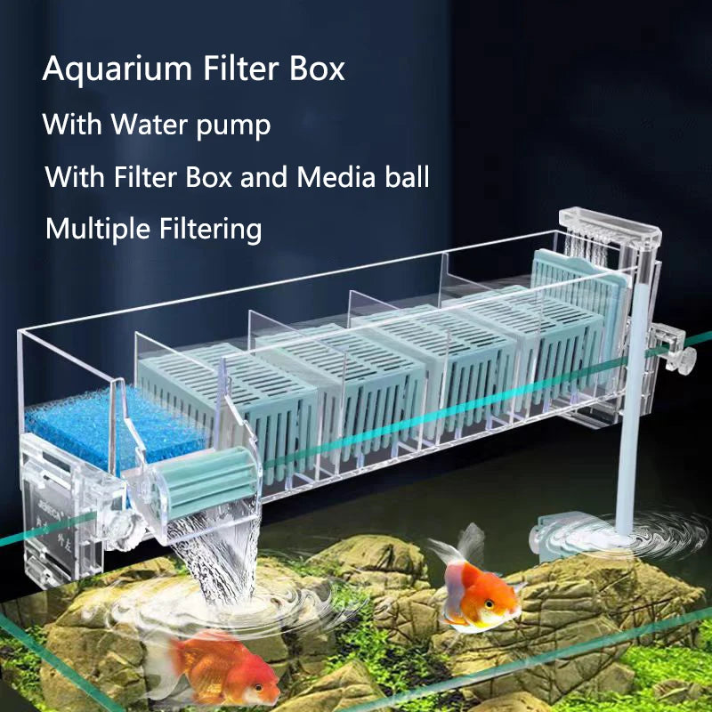 A clear aquarium filter box with a water pump and media balls is shown filtering water over rocks with fish.