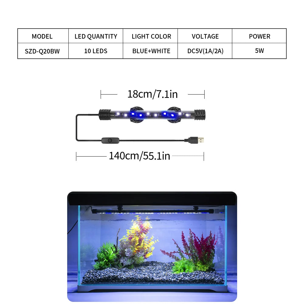A USB-powered LED aquarium light illuminates a planted tank with vibrant aquatic plants.