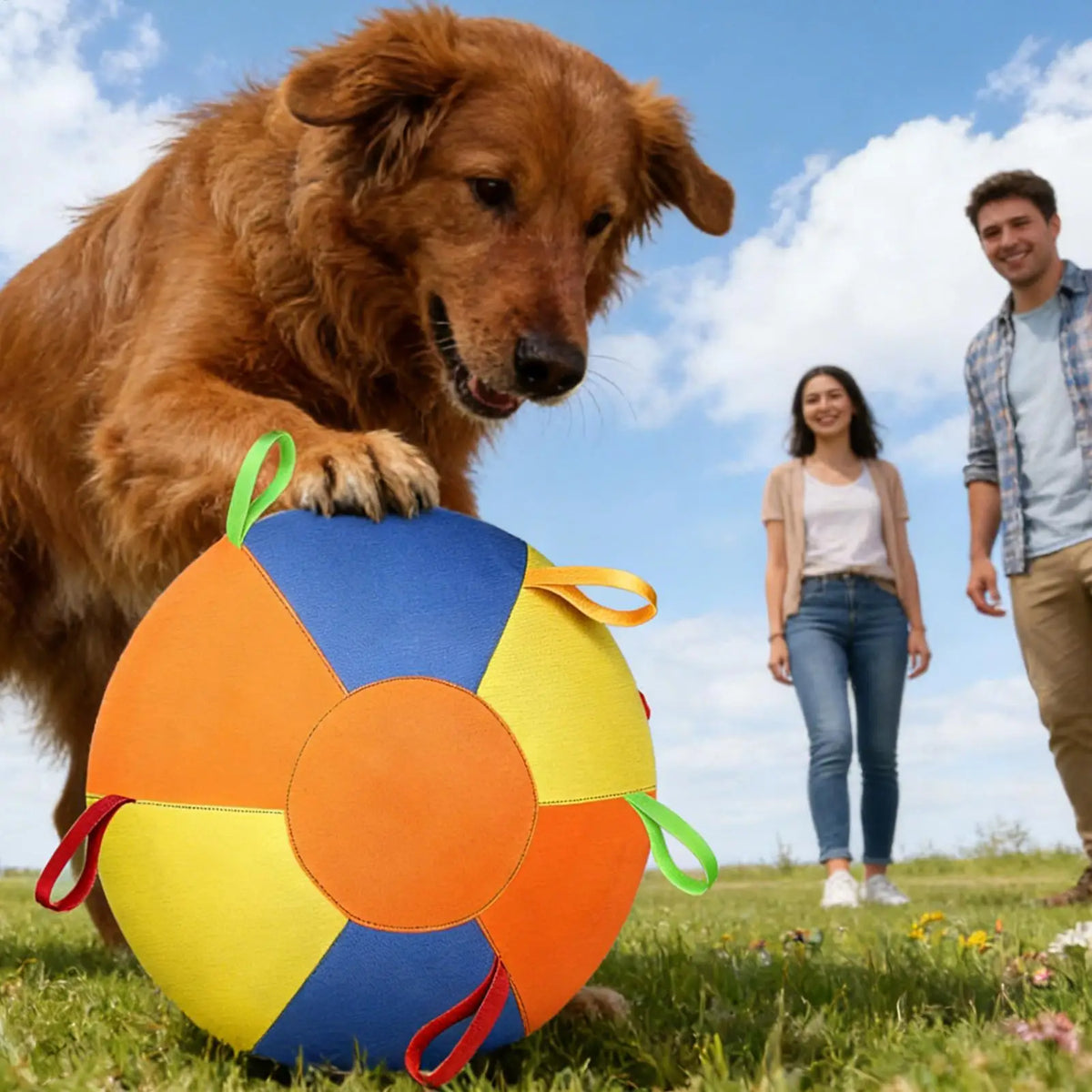 A golden-brown dog holds an orange and blue interactive herding ball toy in a grassy field.