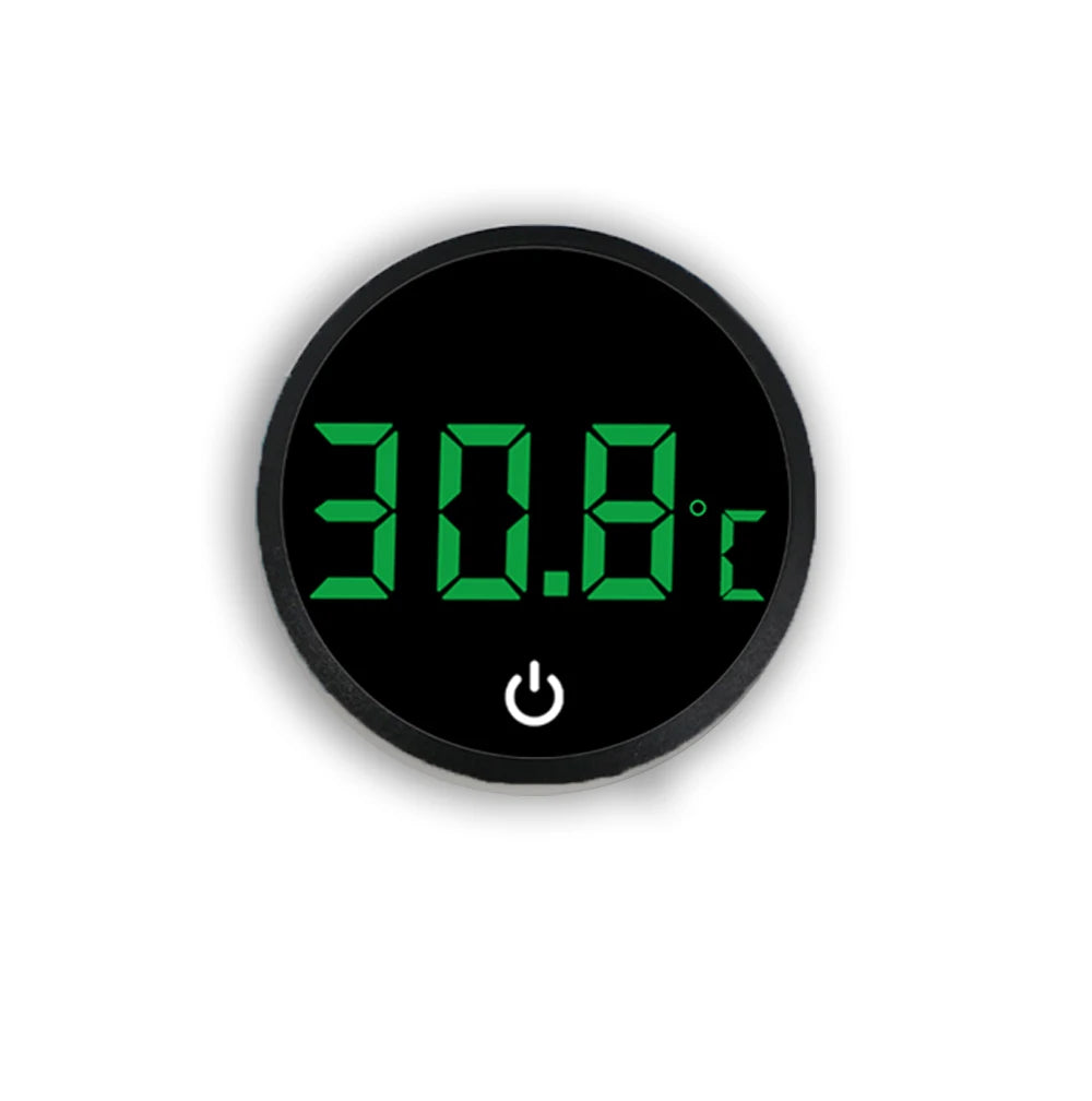 A round digital thermometer display showing 30.8 degrees Celsius on a black background.