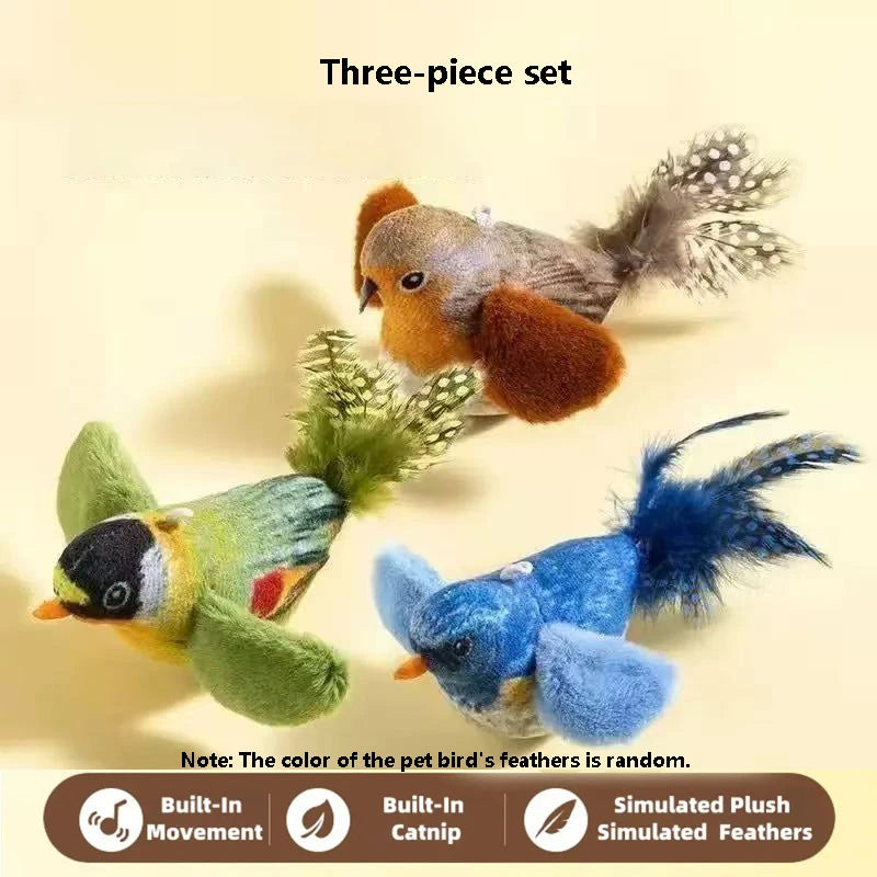 Three-piece set of interactive bird sound cat toys featuring plush feathers and built-in movement.