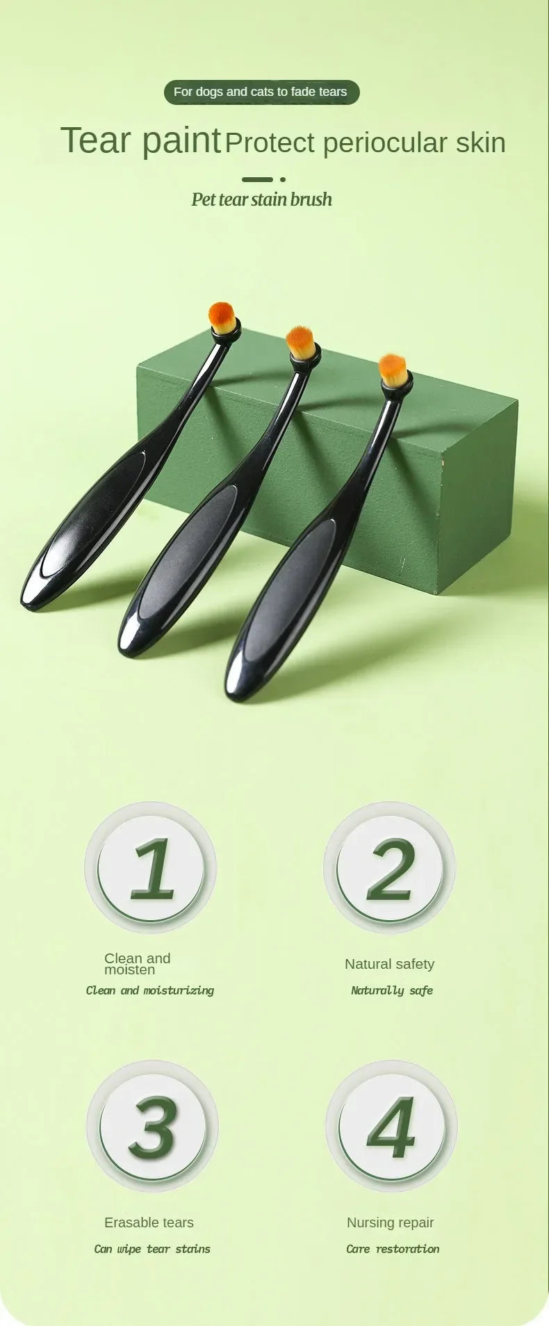 A set of black pet tear stain brush tools for cleaning and restoring skin.