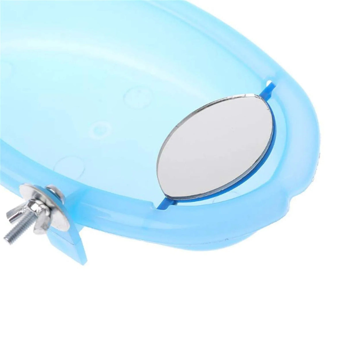 Light blue cage-mounted bird bath featuring a reflective mirror surface.