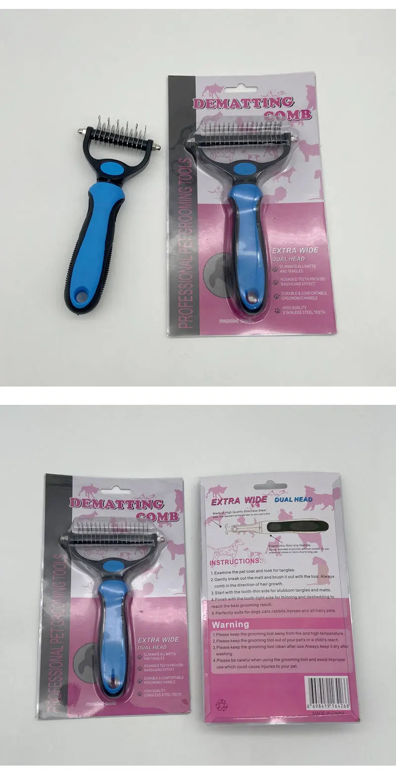 A package showing a purple pet deshedding comb and a blue grooming tool.