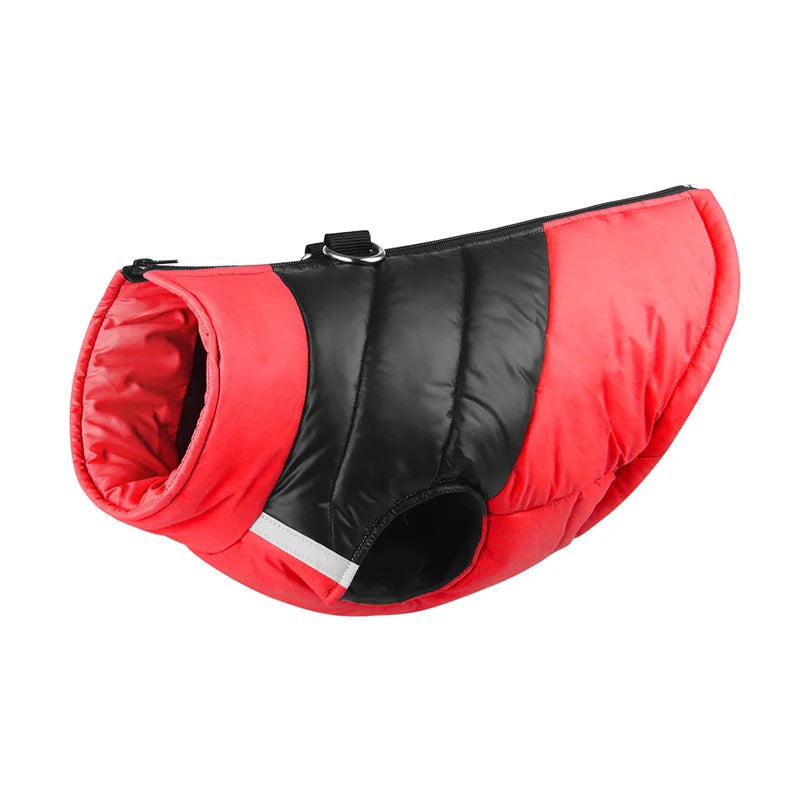 A red and black padded dog jacket with a white stripe detail.