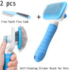 A set of two grooming tools including a fine-tooth flea comb and a self-cleaning slicker brush for pets.