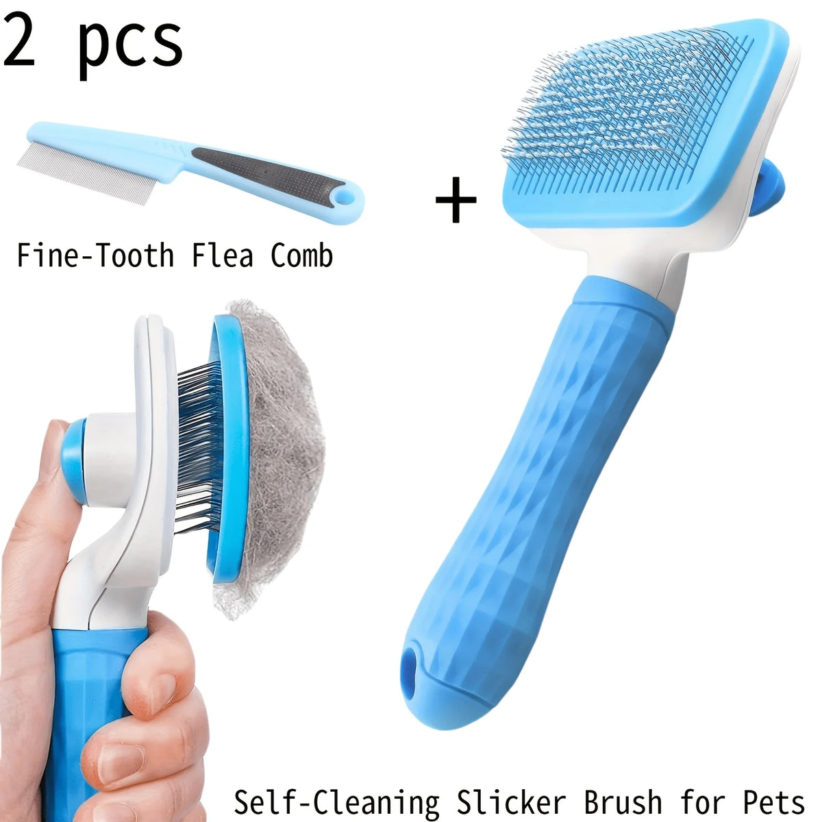 A set of two grooming tools including a fine-tooth flea comb and a self-cleaning slicker brush for pets.