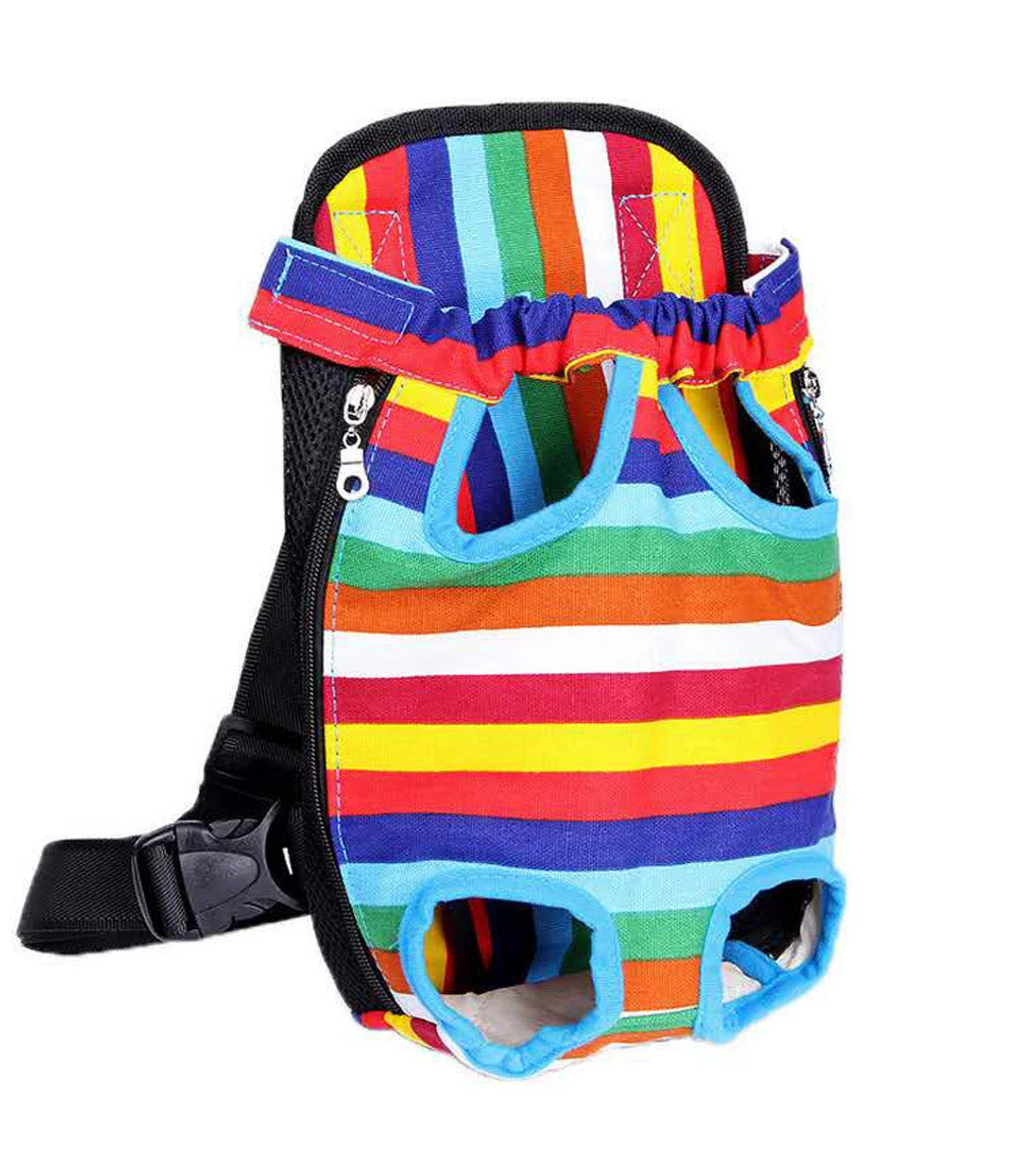 A colorful striped dog carrier backpack with black trim and a padded lining.