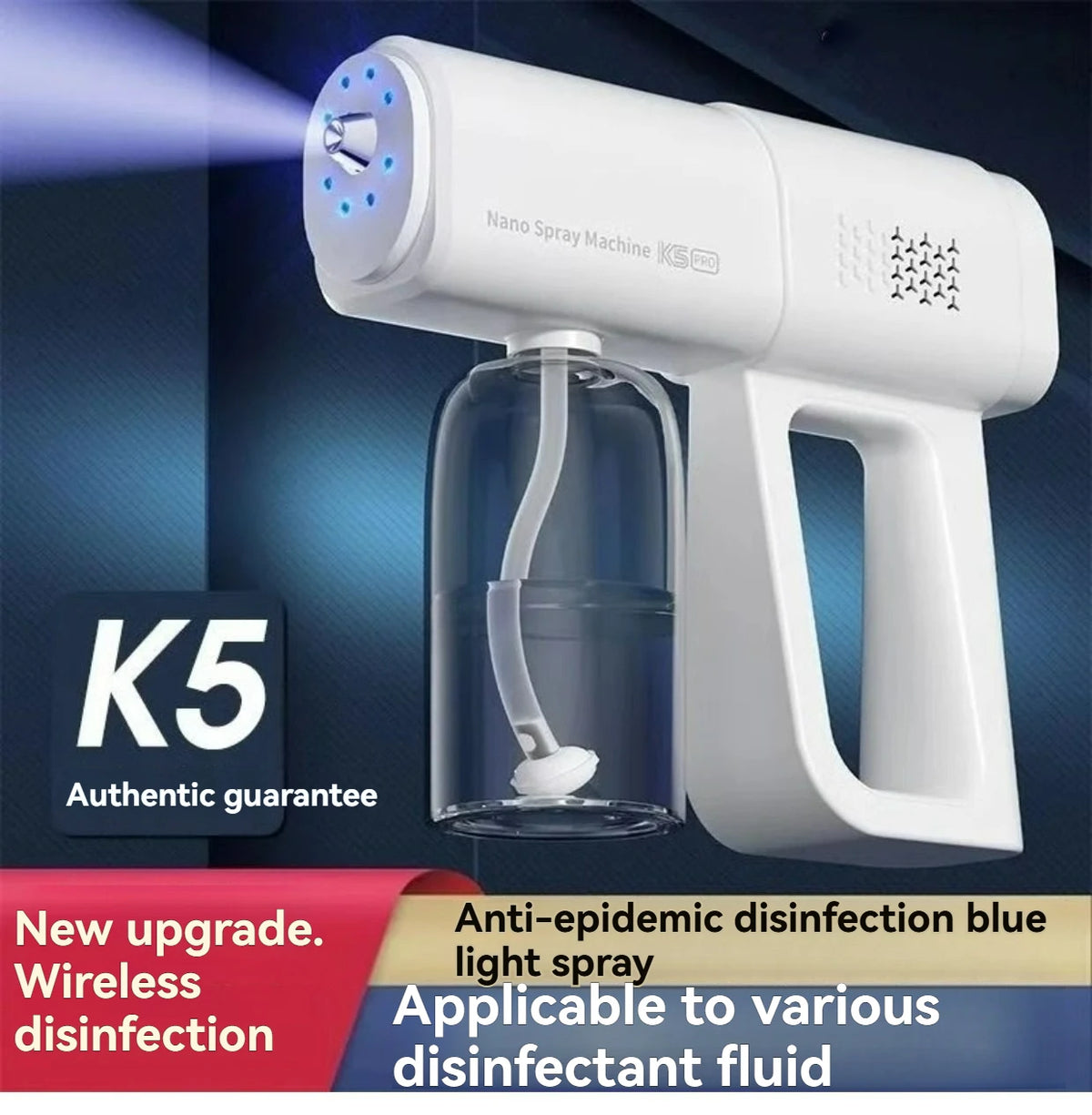 A white portable nano spray machine with a light spray function and a glass bottle for disinfectant fluid.