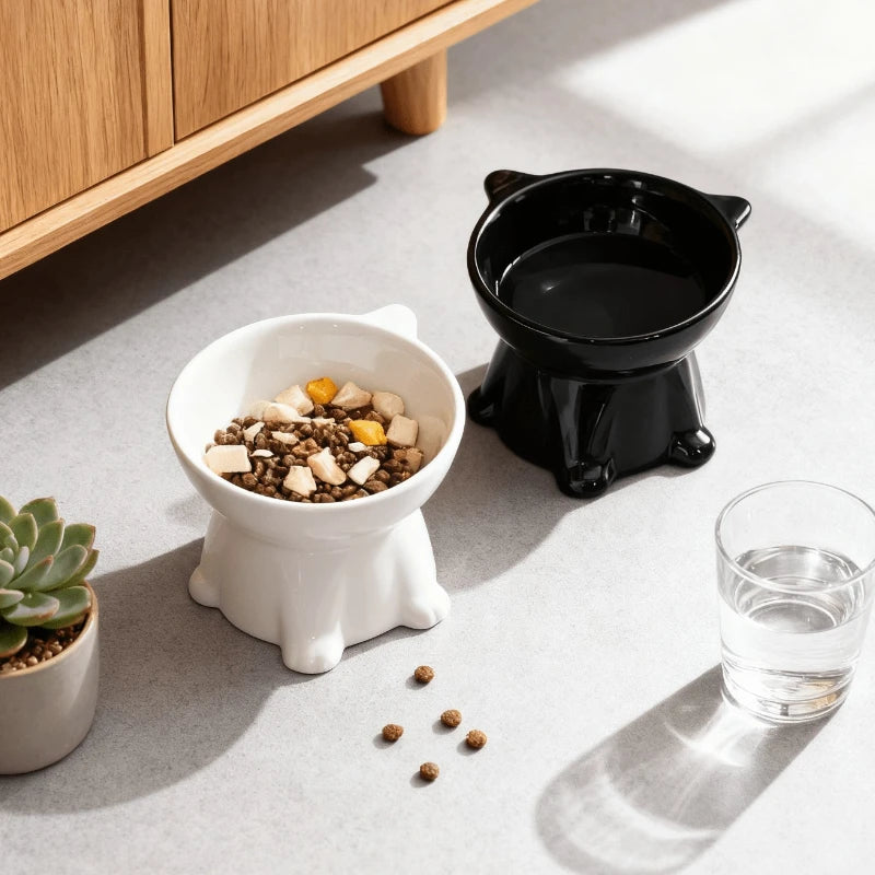 Elegant Elevated Pet Bowls Set - Anti-Slip, Wide Base (Black / White)