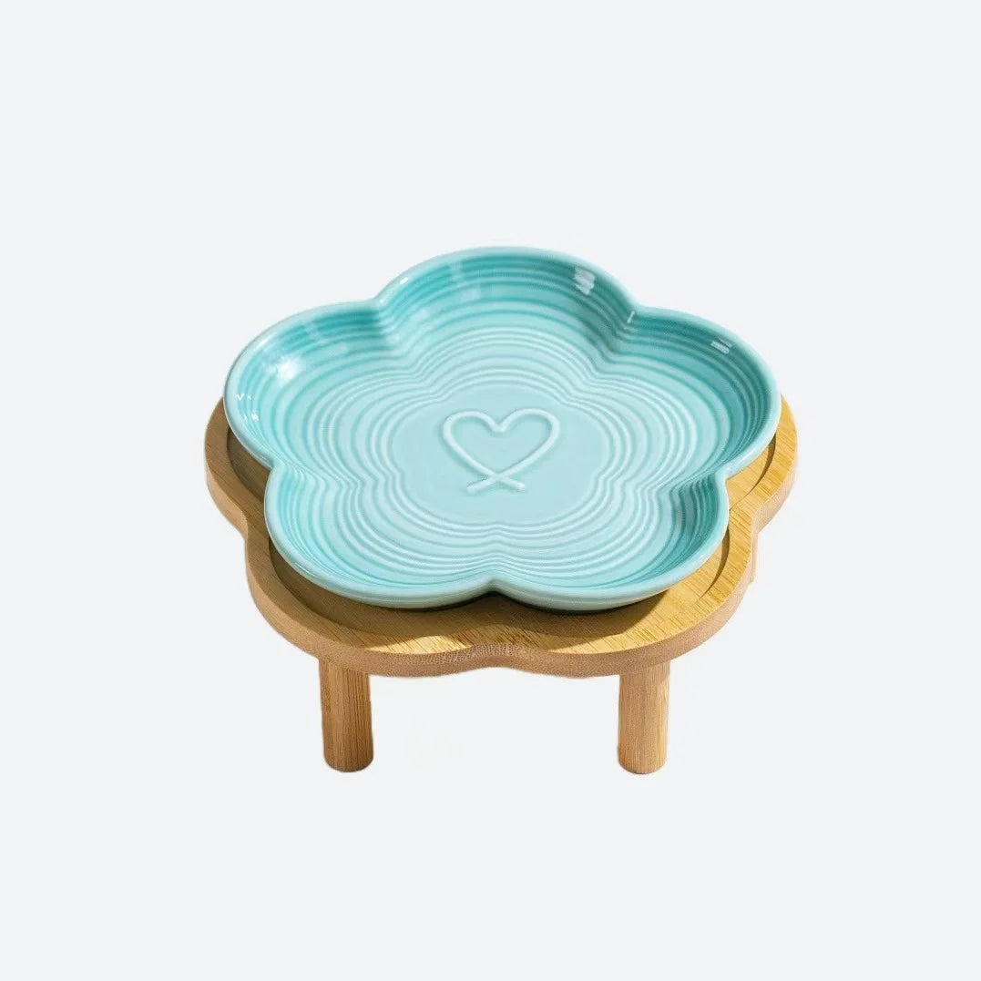 Ceramic Pet Bowl with Wood Stand – Elegant Bow Knot Design