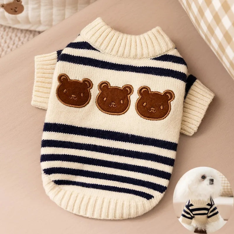 A cream and navy striped knit sweater with brown bear appliqués for small dogs and cats.