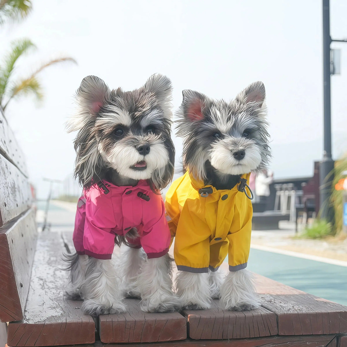 A fluffy gray and white dog wearing a yellow raincoat outdoors.