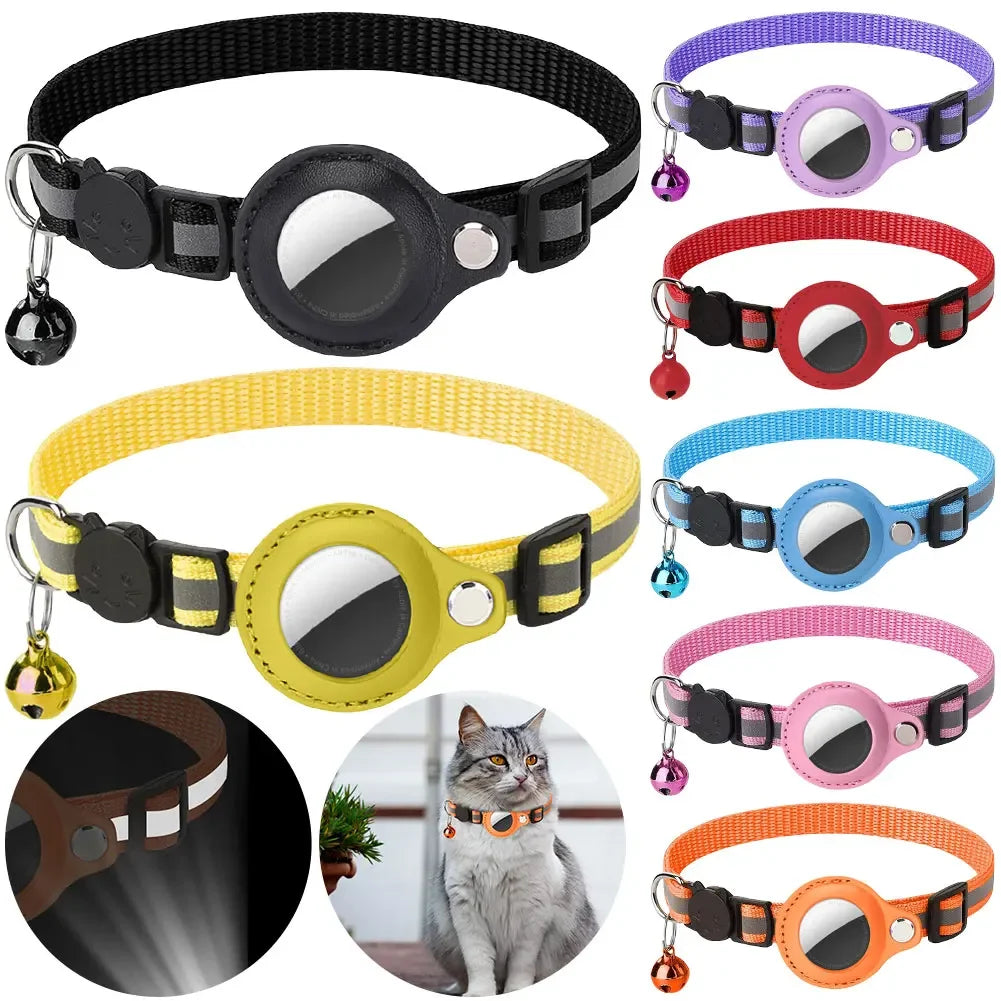 A collection of adjustable reflective cat collars in various colors and styles with tracker holders and detachable bells.