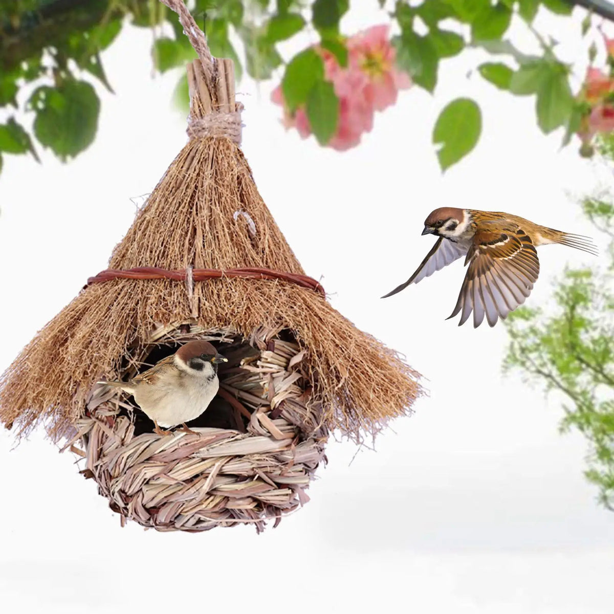 A hand-woven grass bird house with a natural nest containing a small bird, suspended from a branch.