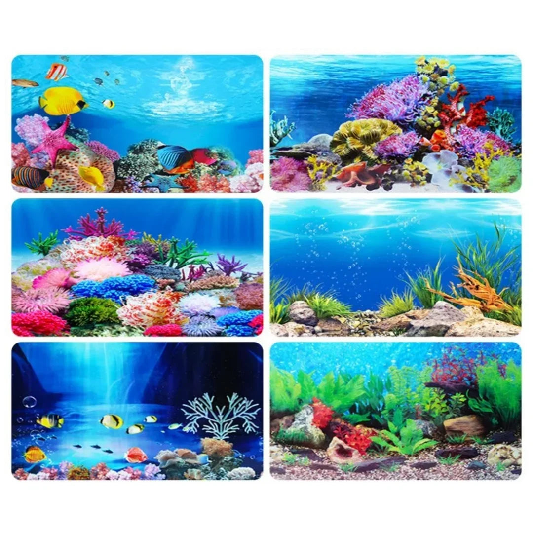 Eine Sammlung lebendiger 3D-Aquarien-Hintergründe mit farbenfrohen Korallen, Pflanzen und Meereslebewesen für Fischbecken.