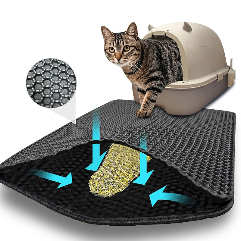 Eine tabbyartige Katze steht neben einer schwarzen Katzentoilette, die Textur und Design der Matte zeigt.