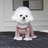 A white, fluffy dog wearing cozy striped pajamas with full belly coverage.