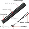 A black laser pen model with a detachable pipe body, focusing ring, switch button, and a portable lanyard with two switch key