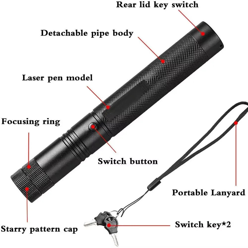 A black laser pen model with a detachable pipe body, focusing ring, switch button, and a portable lanyard with two switch key