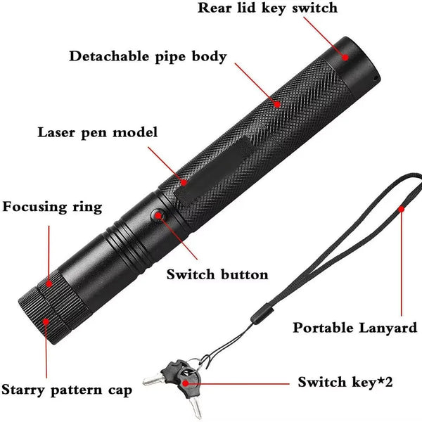 A black laser pen model with a detachable pipe body, focusing ring, switch button, and a portable lanyard with two switch key