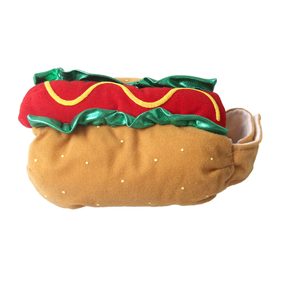 A cozy hot dog costume for pets featuring a brown body, red top, and green ruffled trim.