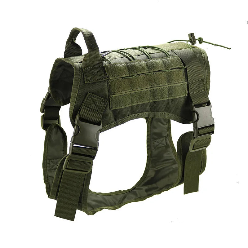 Olive green tactical dog harness with an adjustable vest for training