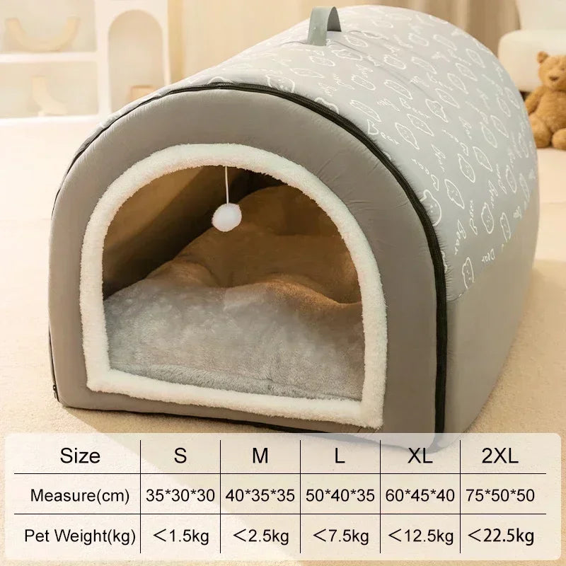 A gray pet bed with an arched entrance lined with soft white fur for dogs and cats.