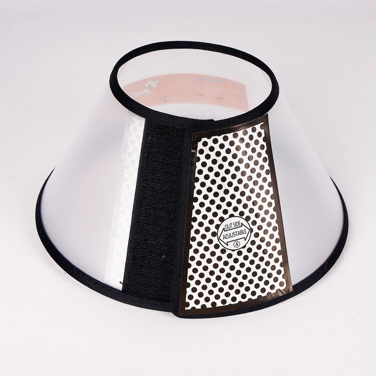 A black and white adjustable pet recovery collar with a mesh insert shown against a white background.