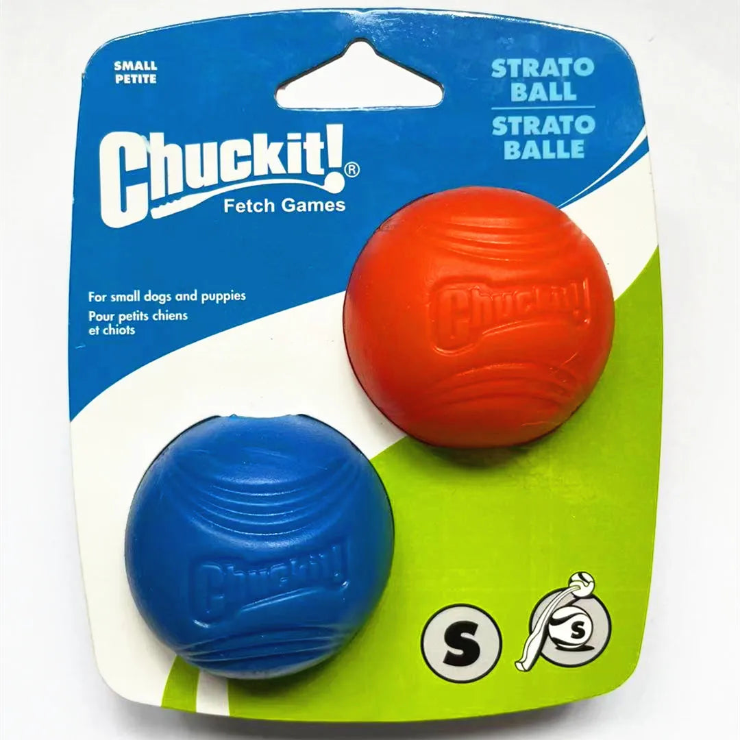 A package containing an orange and a blue squeaky fetch ball for dogs.