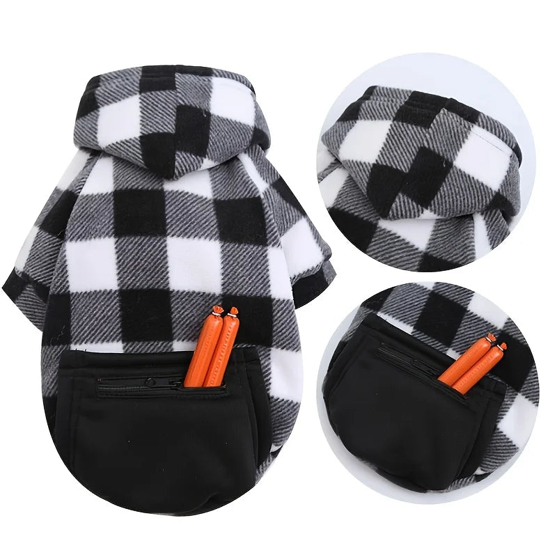 Plaid Fleece Pet Hoodie with Zipper Pocket