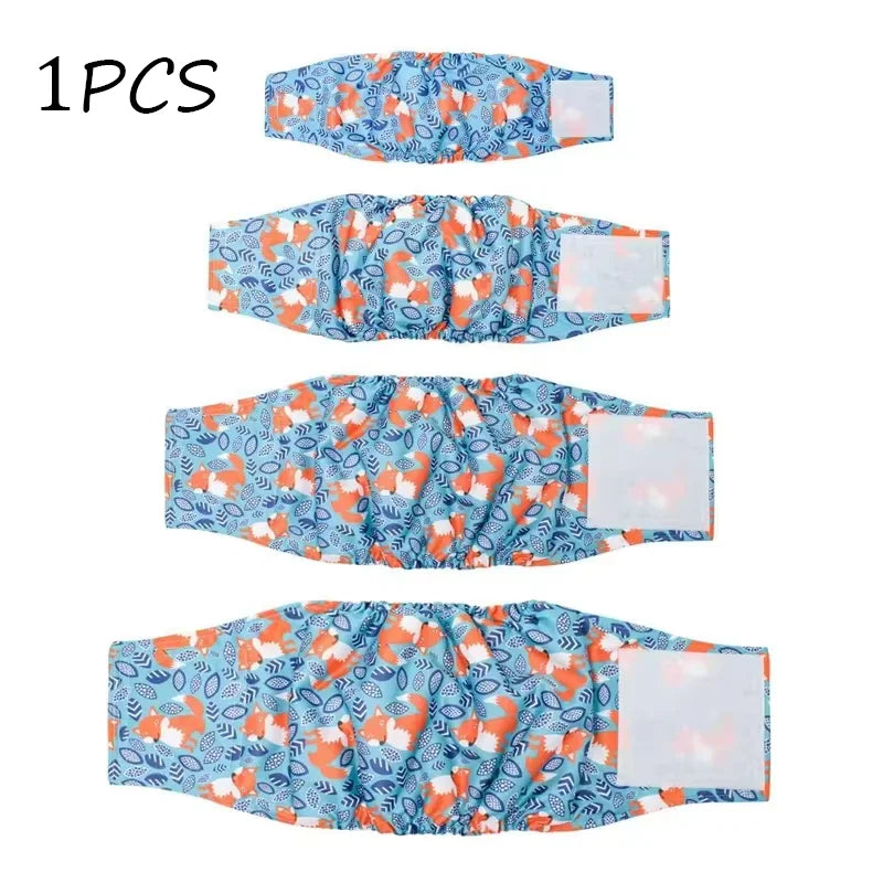 Un juego de cuatro pañales o protectores abdominales lavables para perros con estampado floral azul y naranja.