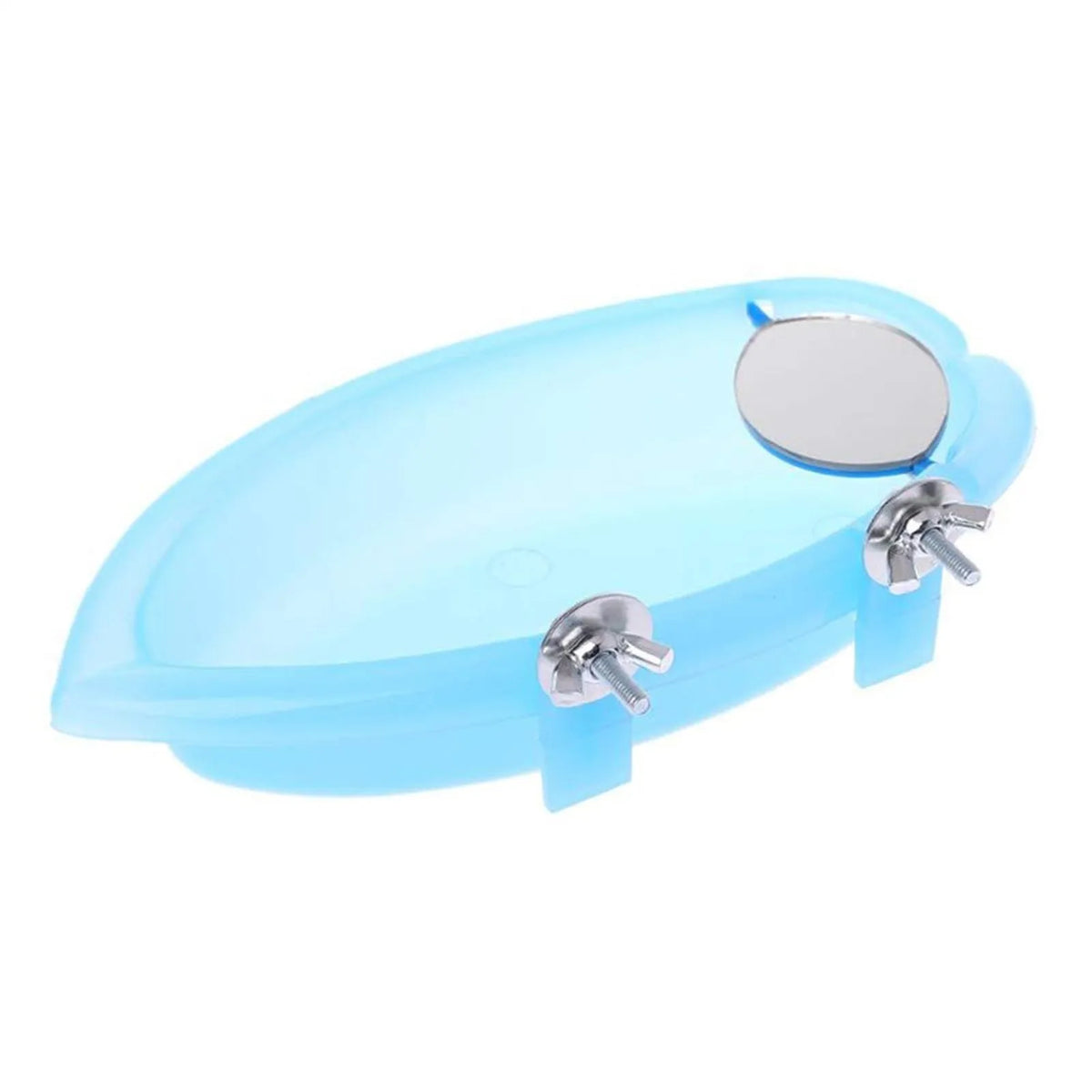 Light blue cage-mounted bird bath featuring a reflective mirror and mounting hardware.